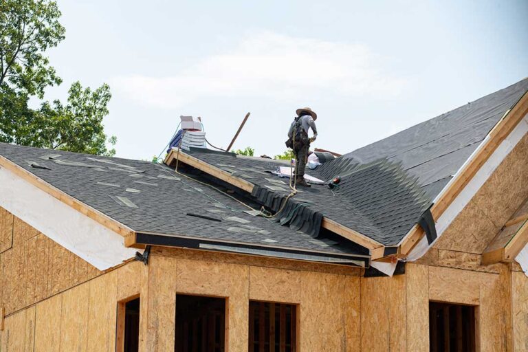 A homeowner uses a soft roof rake from the ground to remove leaves from a shingled roof.