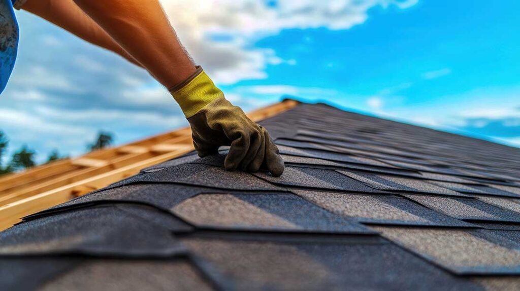 Close-up of bruised asphalt shingles and dented metal roof flashing after a hailstorm