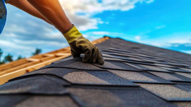 Close-up of bruised asphalt shingles and dented metal roof flashing after a hailstorm